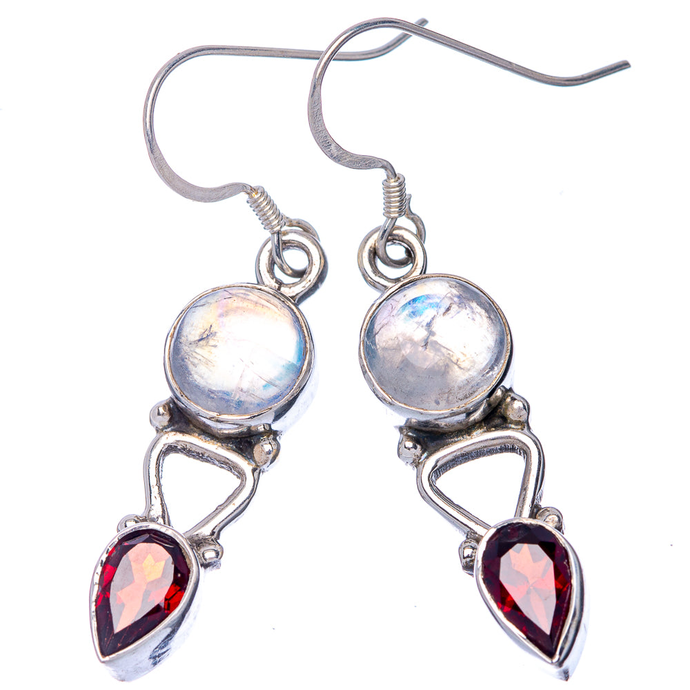 Rainbow Moonstone, Garnet Earrings 1 5/8" (925 Sterling Silver) E433151