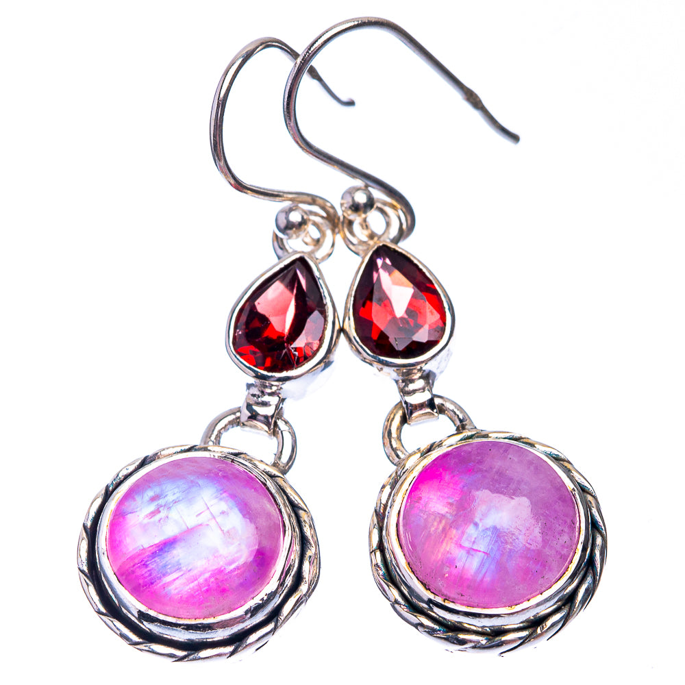Pink Moonstone, Garnet Earrings 1 1/2" (925 Sterling Silver) E432376