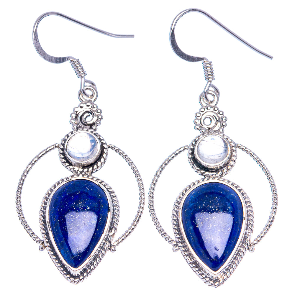 Premium Lapis Lazuli, Rainbow Moonstone Earrings 1 7/8" (.925 Sterling Silver)