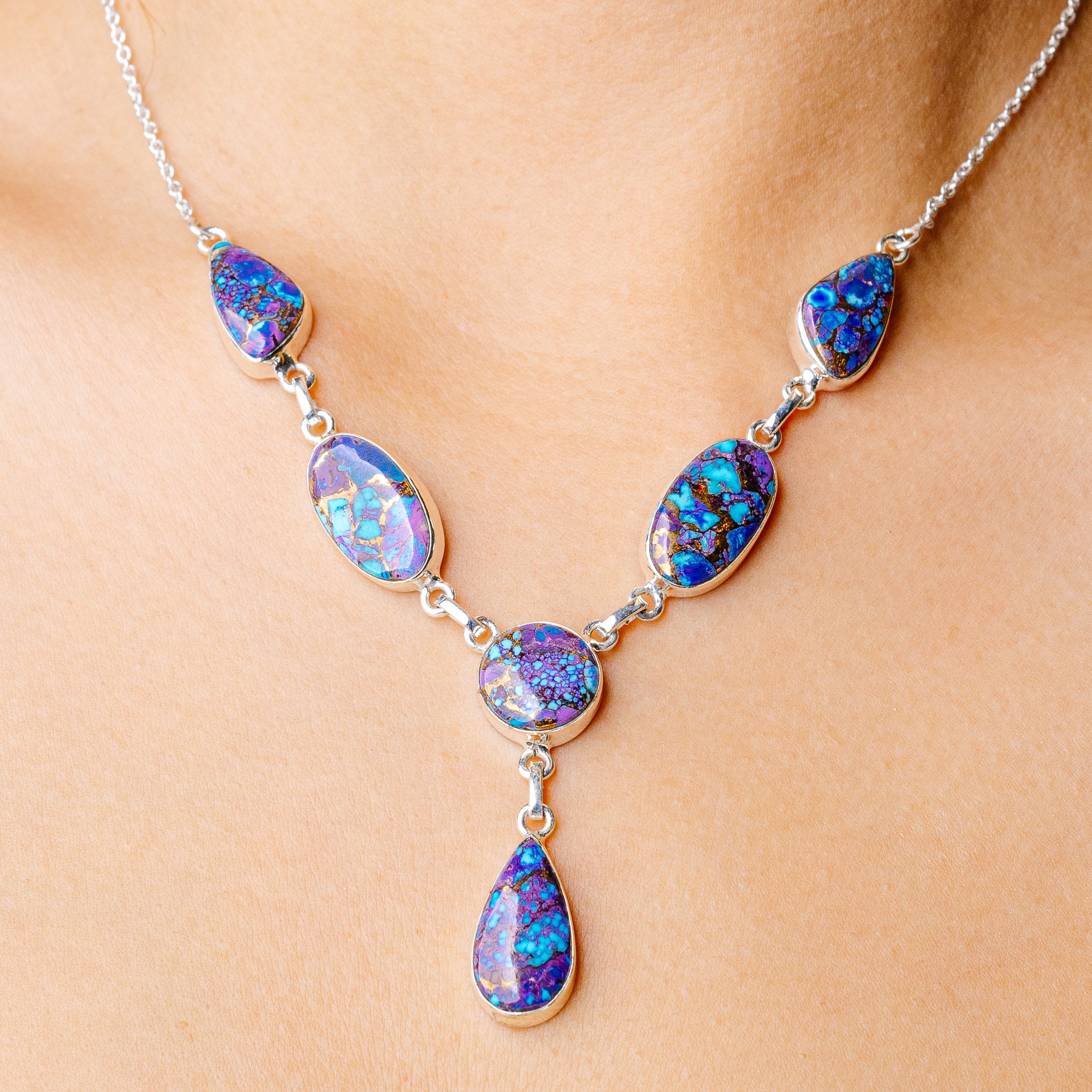 Purple Copper Composite Turquoise Necklace 19 5/8 To 21 3/8" (925 Sterling Silver) N90287