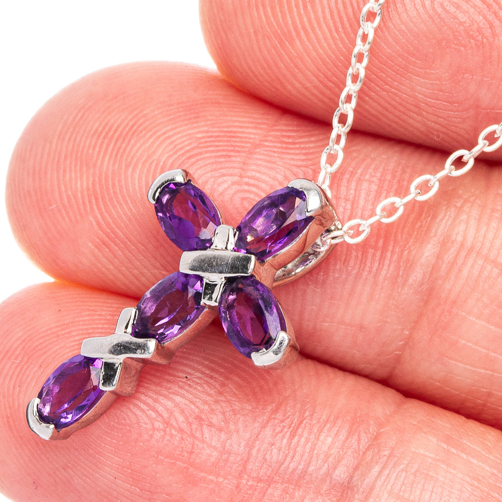 Faceted Amethyst Cross Necklace 18" (925 Sterling Silver) N90065