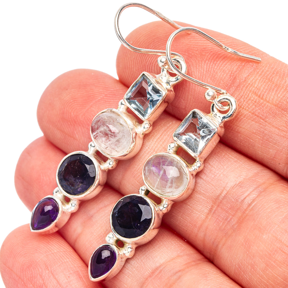 Rainbow Moonstone, Blue Topaz, Tanzanite, Amethyst 925 Sterling Silver Earrings 2" (925 Sterling Silver) E2211
