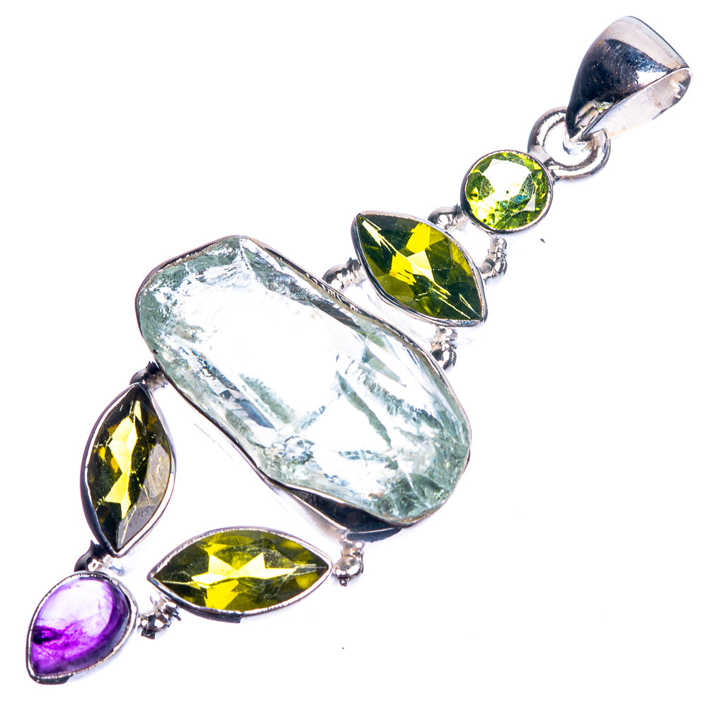 Rough Aquamarine, Peridot, Amethyst 925 Sterling Silver Pendant 2 1/8"