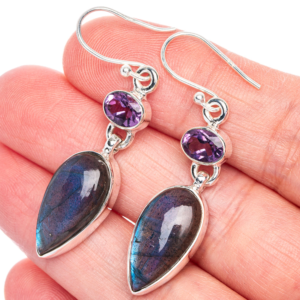 Labradorite, Amethyst Earrings 1 7/8" (925 Sterling Silver) E433109