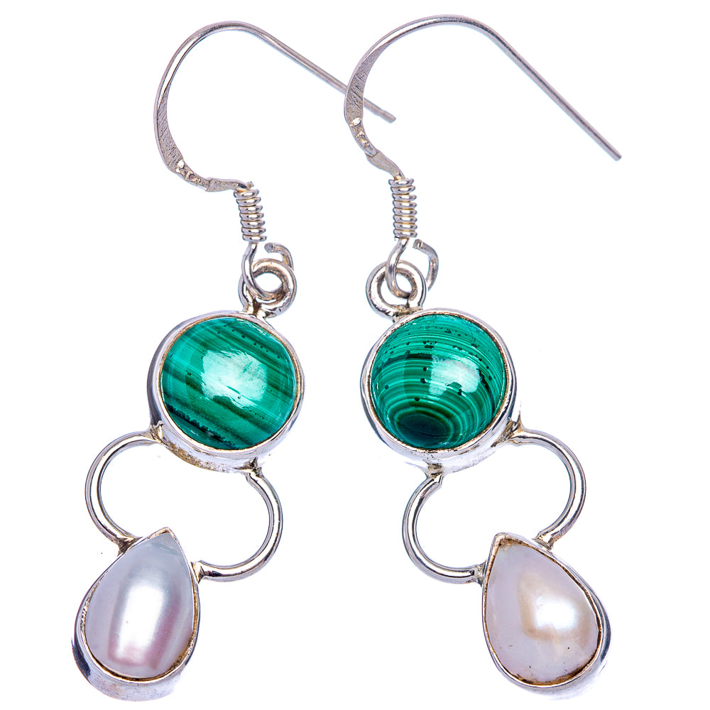 Malachite, Cultured Pearl Earrings 1 5/8" (925 Sterling Silver) E433453