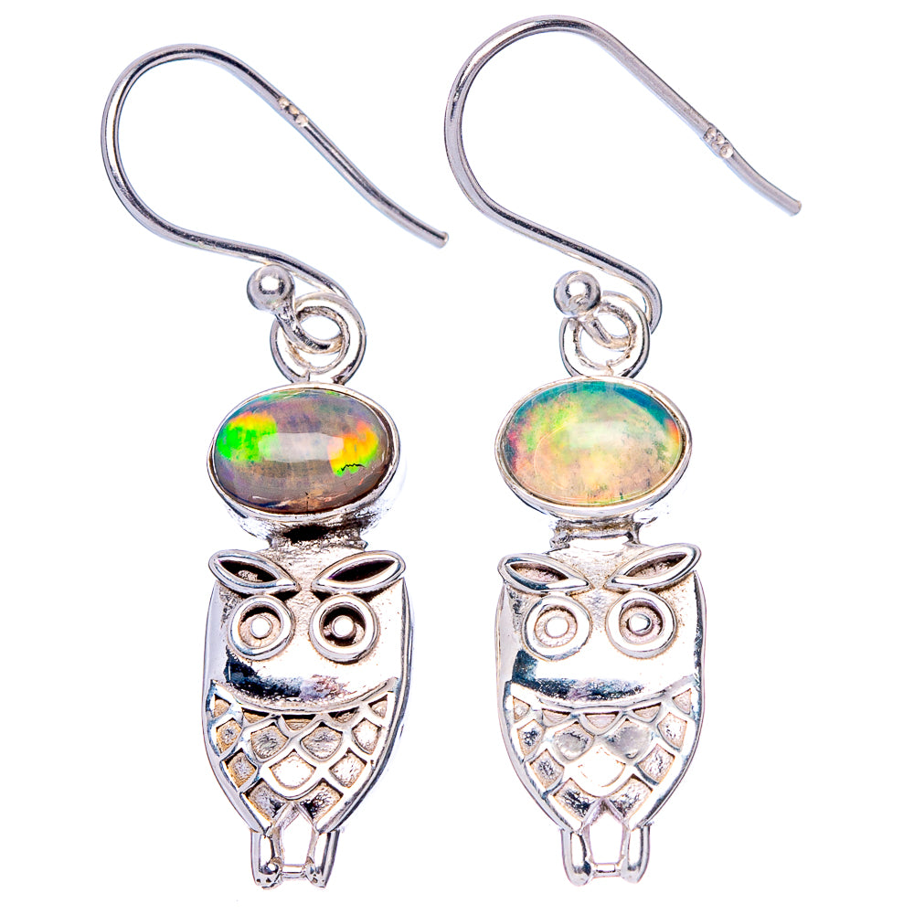 Rare Ethiopian Opal Owl Earrings 1 3/8" (925 Sterling Silver) E1523