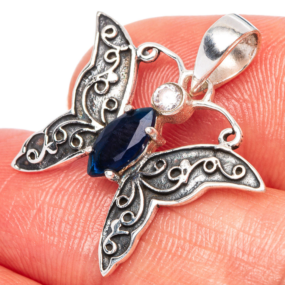 Blue Quartz, White Quartz Butterfly Dainty Pendant 1" (925 Sterling Silver) P43536