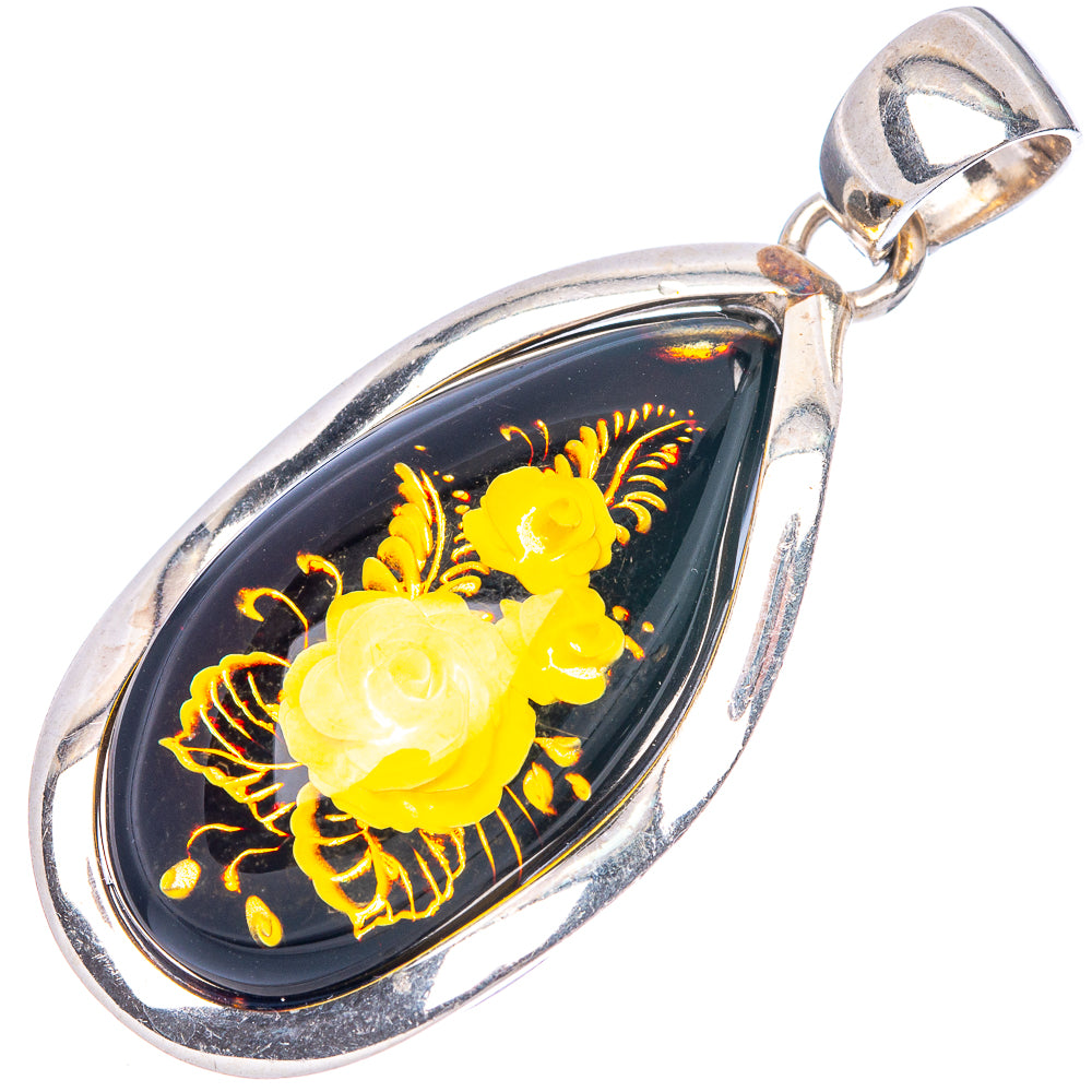 Amber Intaglio Rose Pendant 1 7/8" (925 Sterling Silver) P42570