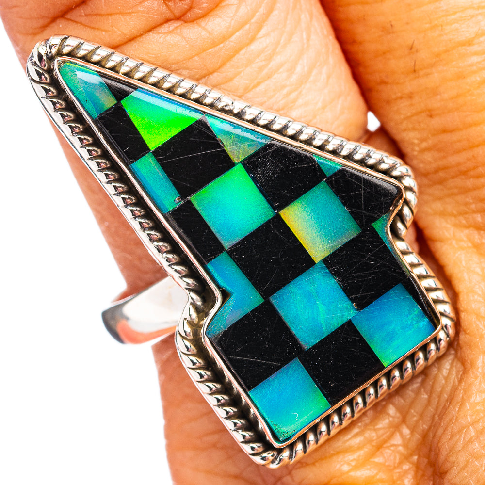 Premium Black Onyx & Aurora Opal Lightning Bolt Ring Size 10 (.925 Sterling Silver)