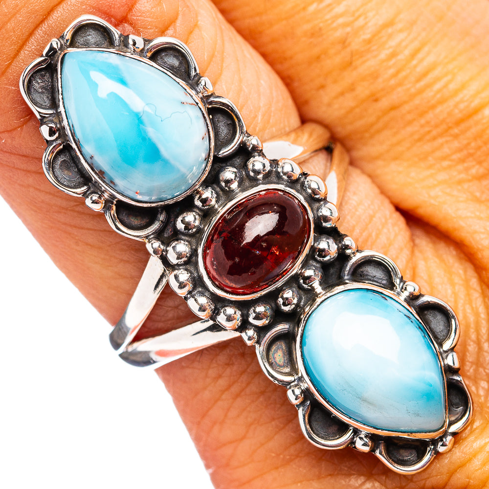 Premium Larimar, Garnet Ring Size 9 (.925 Sterling Silver)