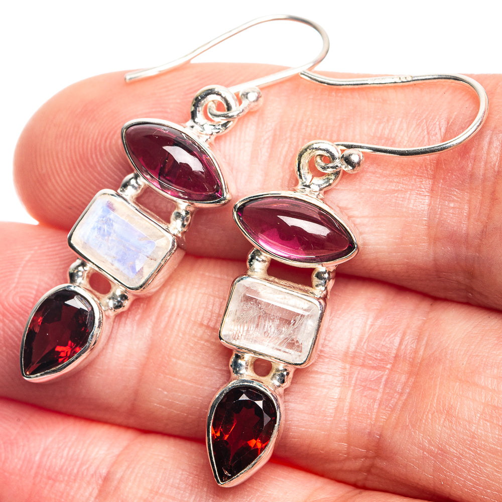 Rainbow Moonstone, Garnet Earrings 1 5/8" (925 Sterling Silver) E432717