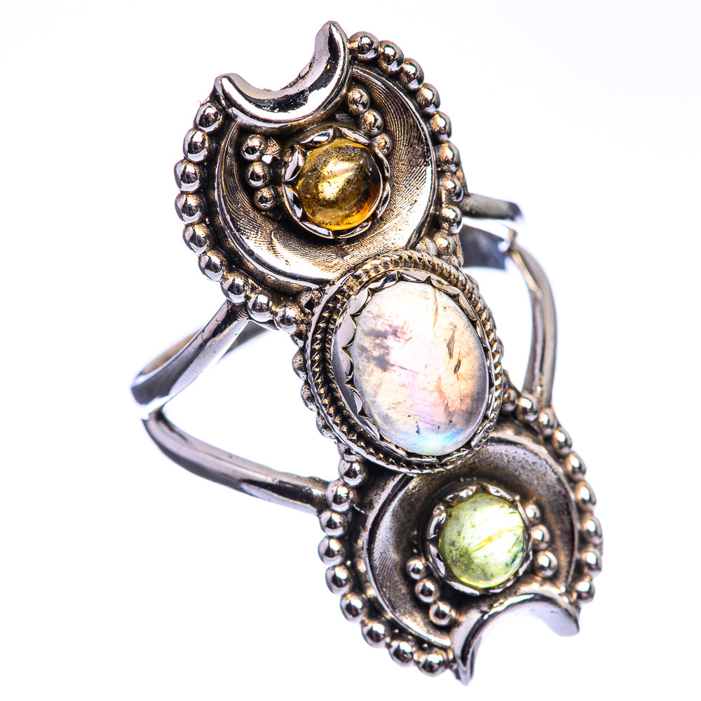 Rainbow Moonstone, Peridot, Citrine 925 Sterling Silver Ring Size 7