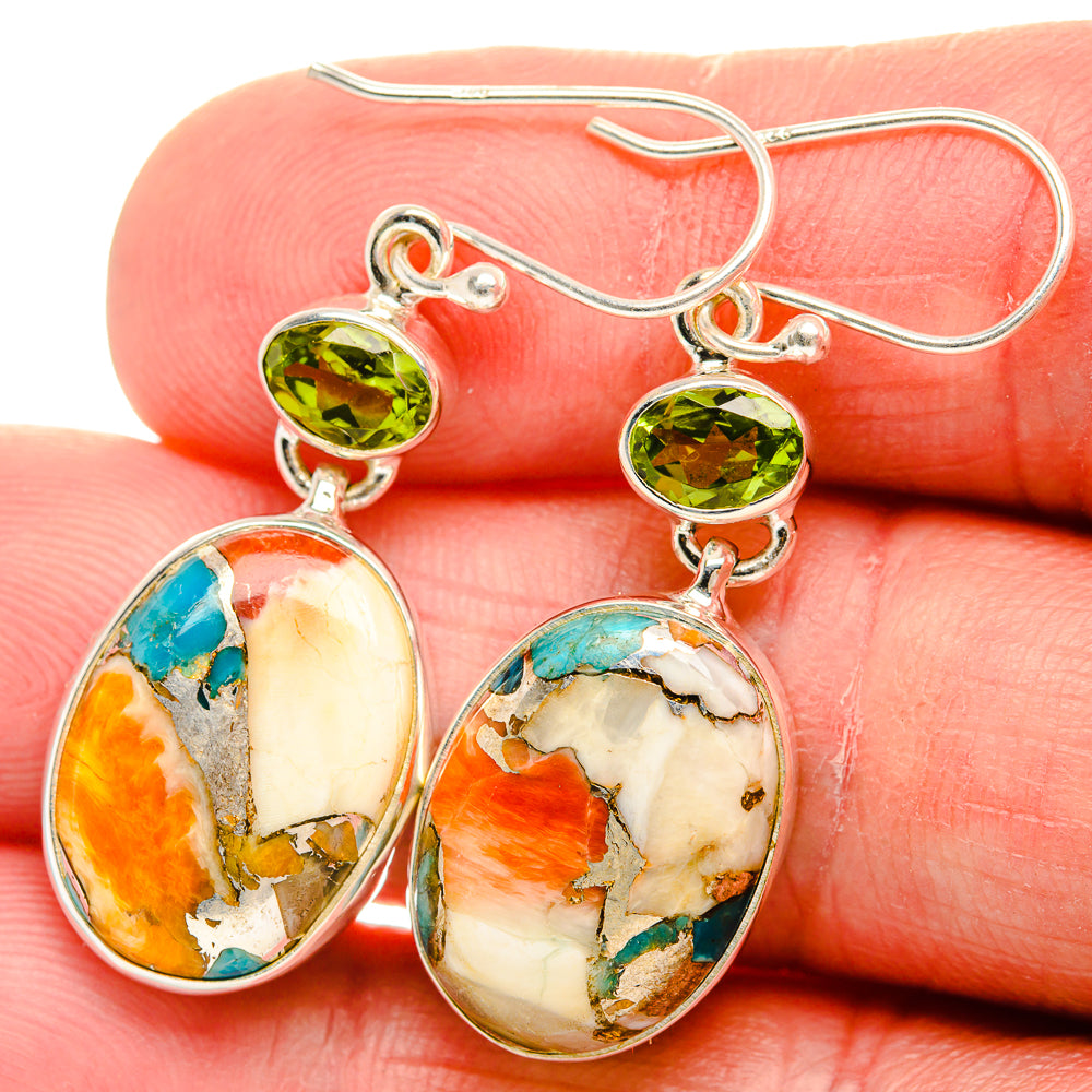 Spiny Oyster Turquoise, Peridot Earrings 1 3/4" (925 Sterling Silver) EARR432092