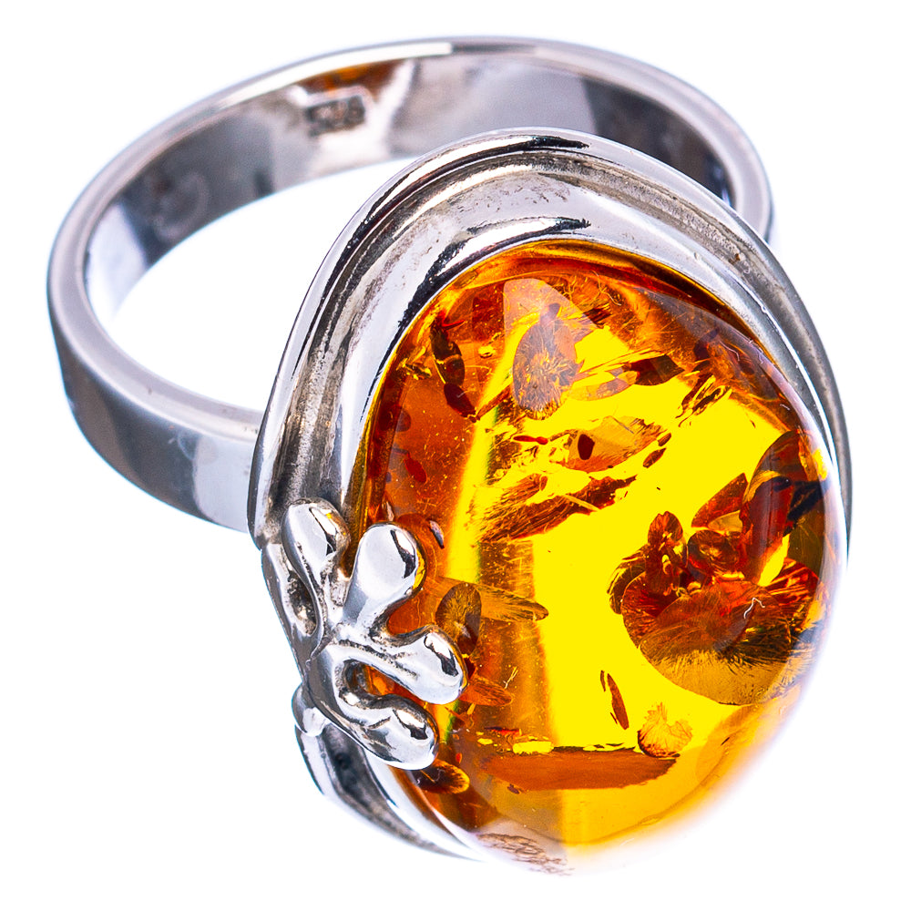 Baltic Amber Leaf Ring Size 7 Adjustable (.925 Sterling Silver)