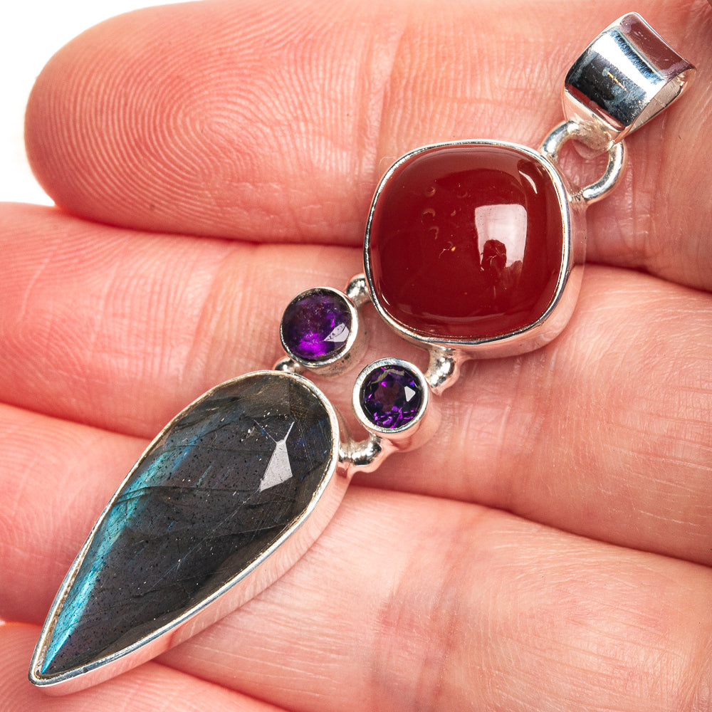 Labradorite, Carnelian, Amethyst 925 Sterling Silver Pendant 2 1/8"