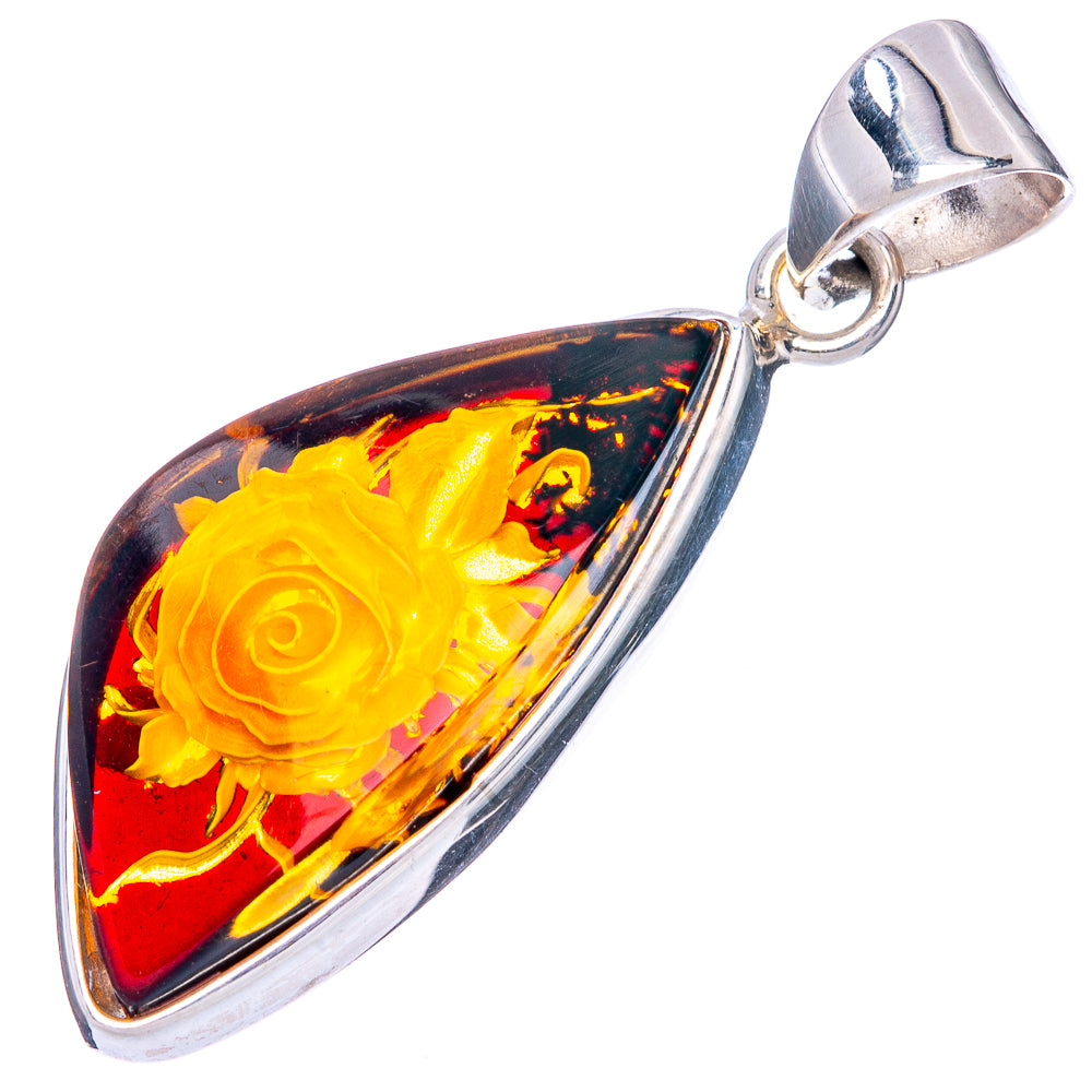 Amber Intaglio Rose Pendant 1 1/2" (925 Sterling Silver) P42556