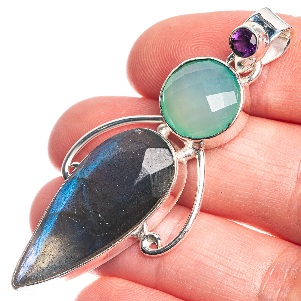 Labradorite, Aqua Chalcedony 925 Sterling Silver Pendant 2 1/8"