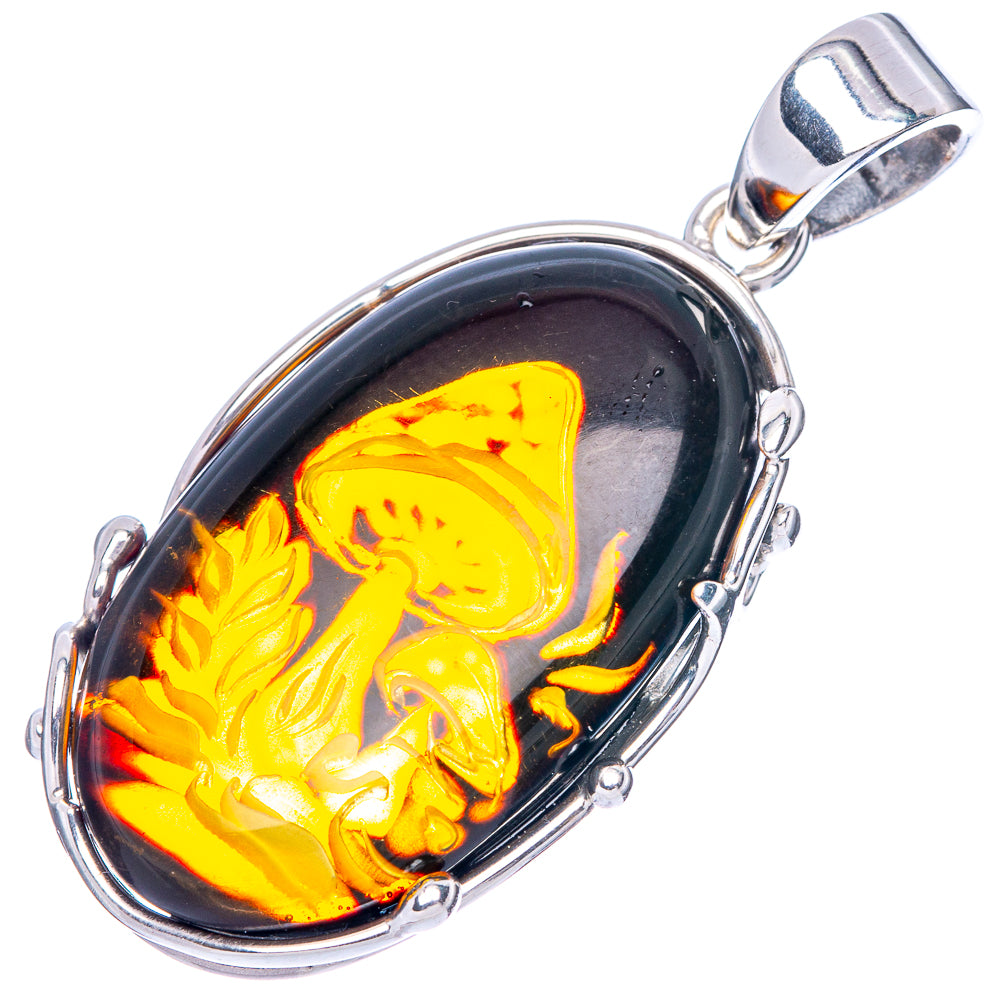 Amber Intaglio Mushroom Pendant 1 3/4" (925 Sterling Silver) P42566