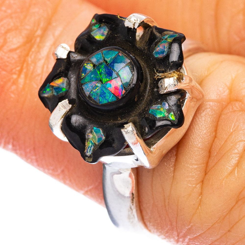 Rare Opal Black Onyx Flower Ring Size 6 (925 Sterling Silver) R2412