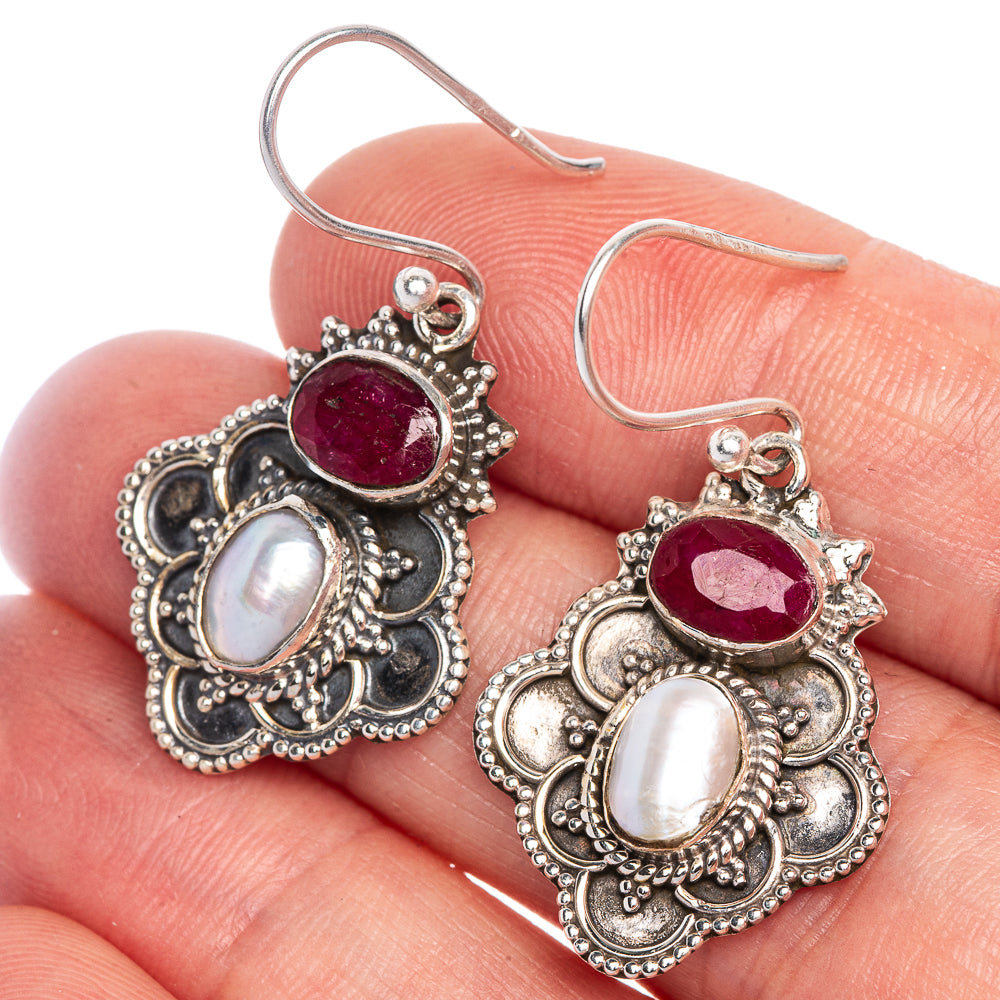 Cultured Pearl, Ruby Earrings 1 1/2" (925 Sterling Silver) E1072