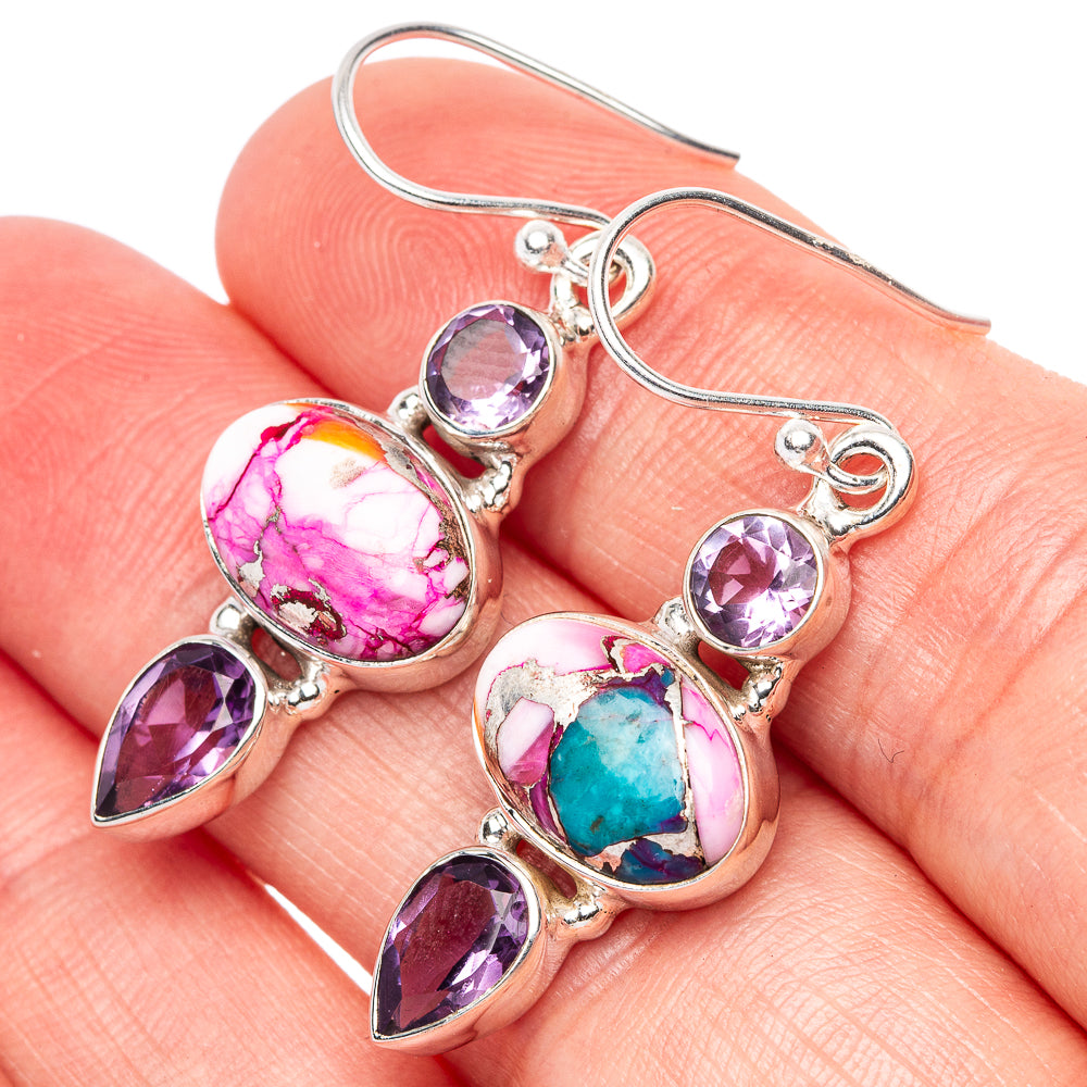 Kingman Pink Dahlia Turquoise, Amethyst Earrings 1 5/8" (925 Sterling Silver) E1649