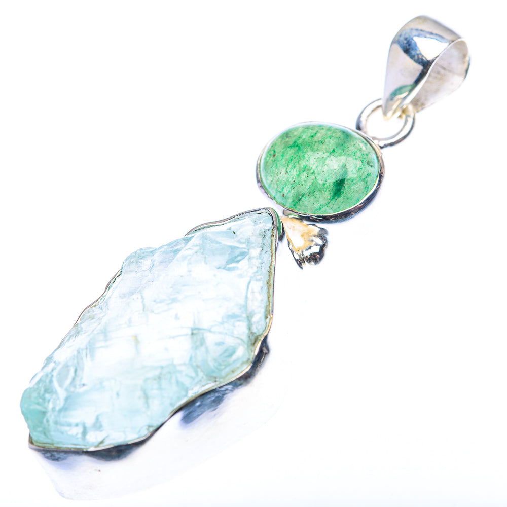 Raw Aquamarine, Green Aventurine Pendant 2" (925 Sterling Silver) PD38446