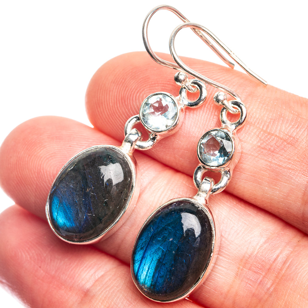 Labradorite, Blue Topaz Earrings 1 5/8" (925 Sterling Silver) E432711