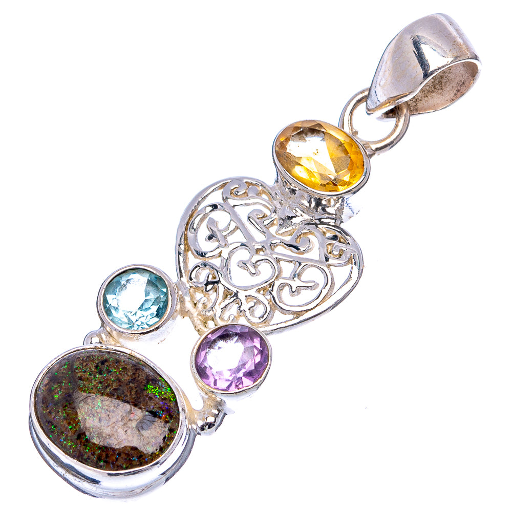 Rare Andamooka Opal Heart, Citrine, Blue Topaz, Amethyst Pendant 1 3/4" (.925 Sterling Silver)