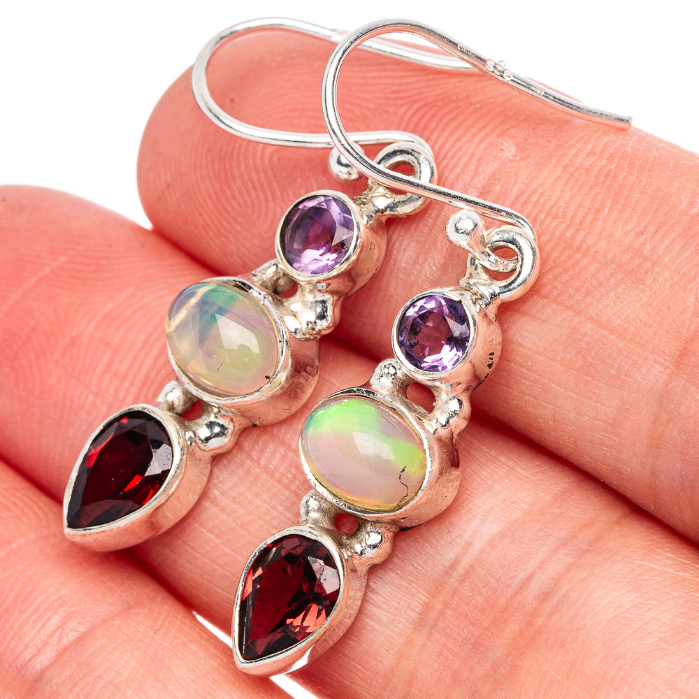 Rare Ethiopian Opal, Garnet, Amethyst Earrings 1 3/8" (925 Sterling Silver) E1403