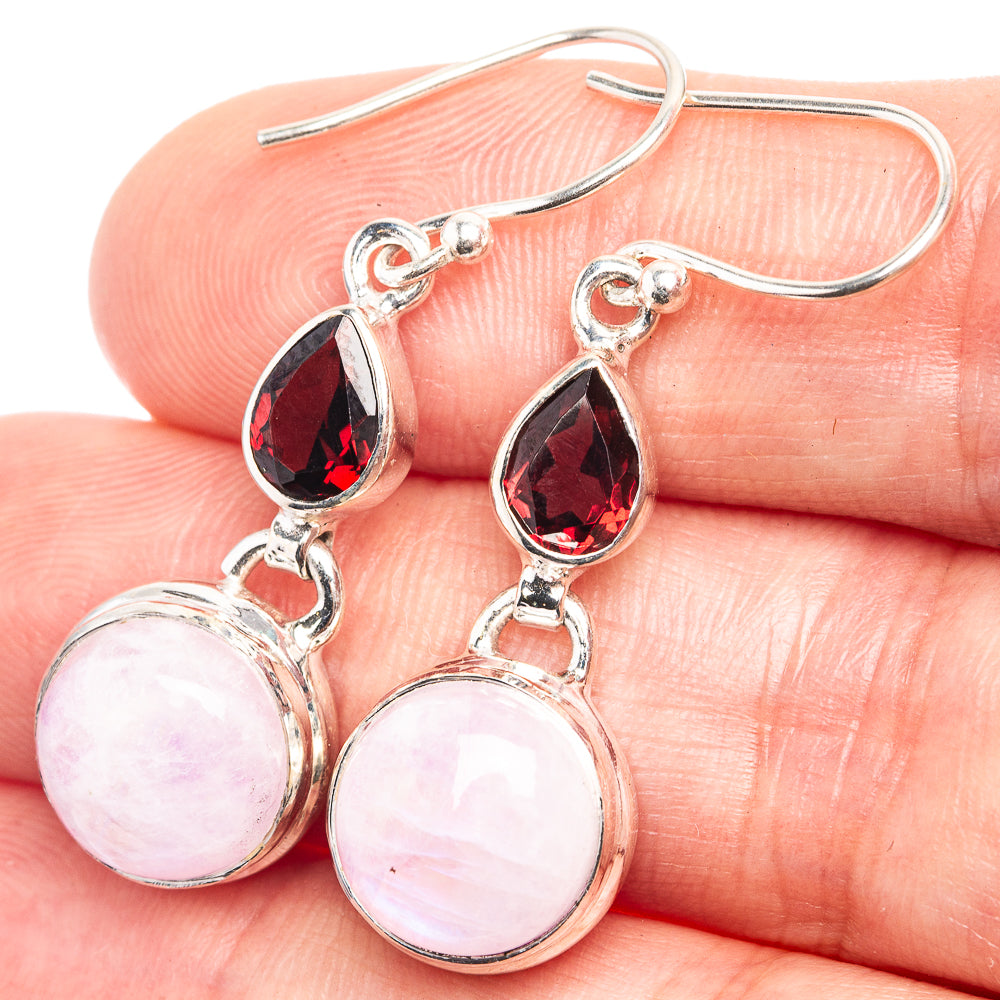 Pink Moonstone, Garnet Earrings 1 1/2" (925 Sterling Silver) E432552