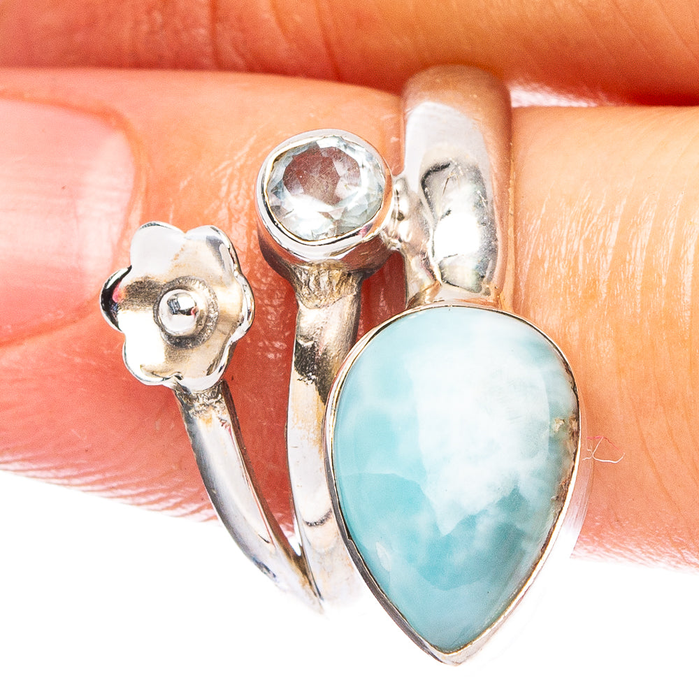 Larimar, Blue Topaz Flower 925 Sterling Silver Ring Size 6.5 (925 Sterling Silver) R6237