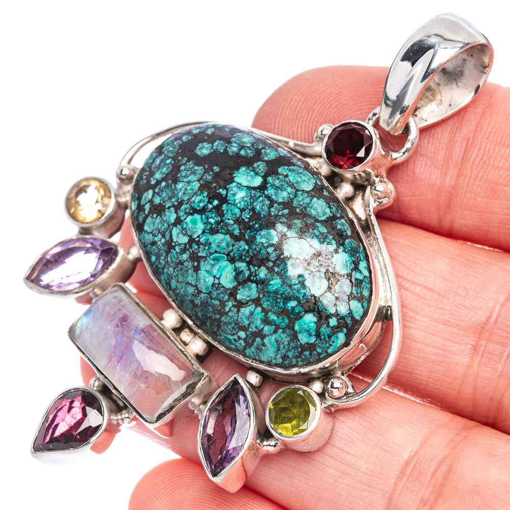 Large Tibetan Turquoise, Rainbow Moonstone, Amethyst, Garnet, Peridot, Citrine Pendant 2 3/8" (925 Sterling Silver) P40102