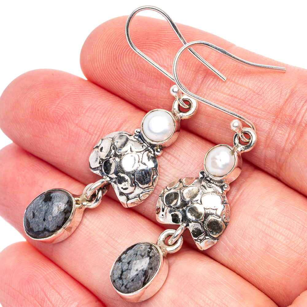Snowflake Obsidian, Cultured Pearl Earrings 2" (925 Sterling Silver) E433197