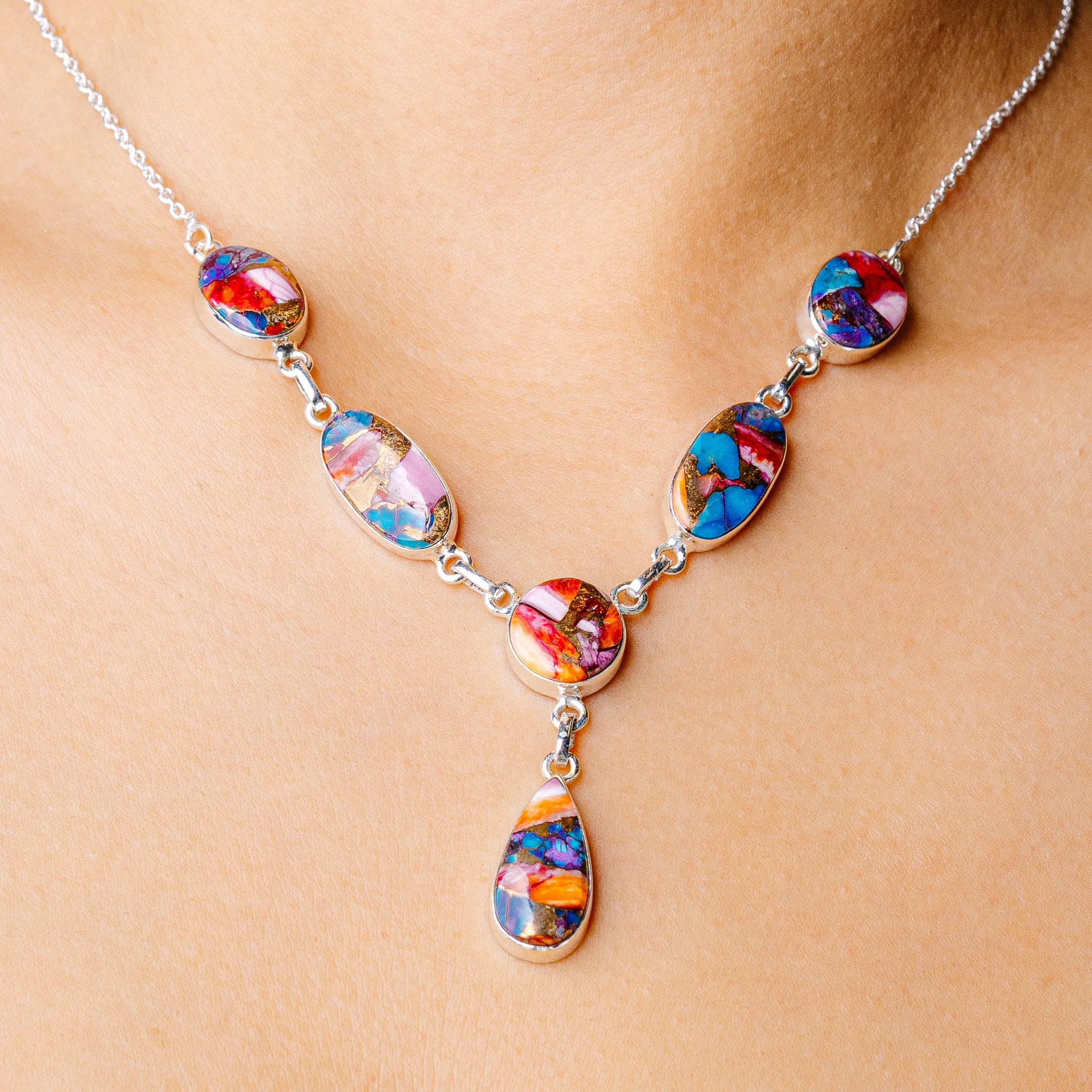 Spiny Oyster Turquoise Necklace 19 3/8 To 21 1/8" (925 Sterling Silver) N90290