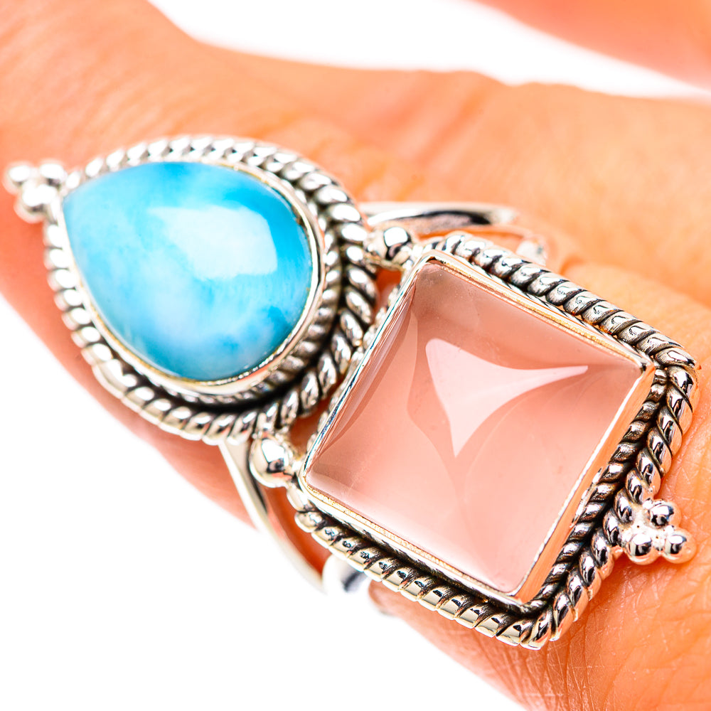 Large Rose Quartz, Larimar Ring Size 8 (925 Sterling Silver) RING139094