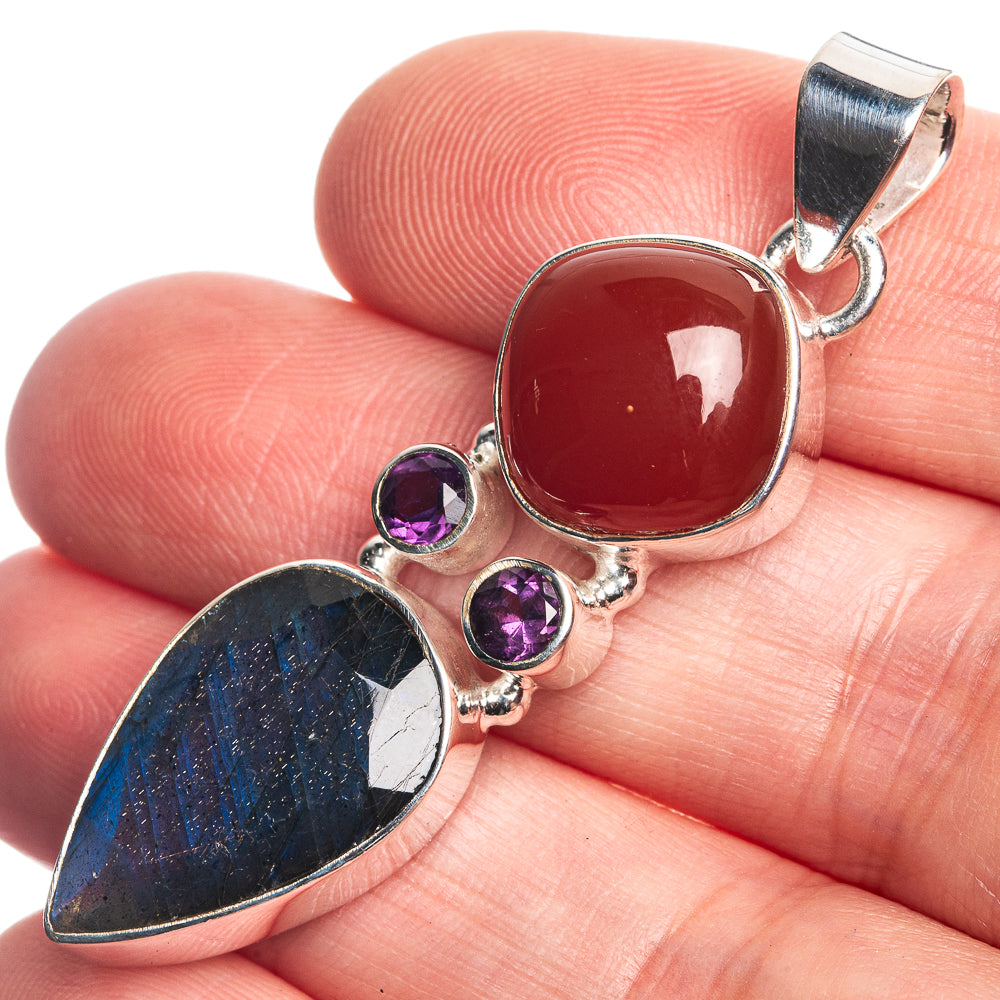 Labradorite, Red Onyx, Amethyst 925 Sterling Silver Pendant 2"