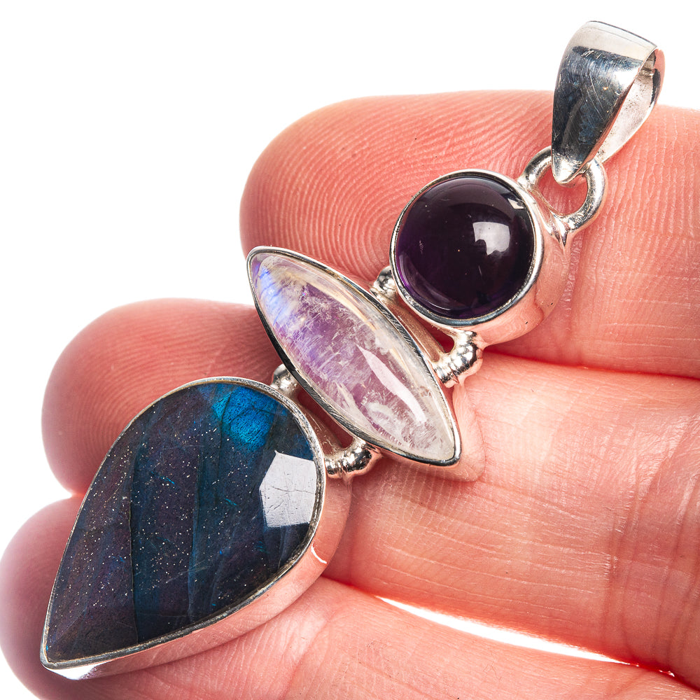 Labradorite, Rainbow Moonstone, Amethyst 925 Sterling Silver Pendant 2"