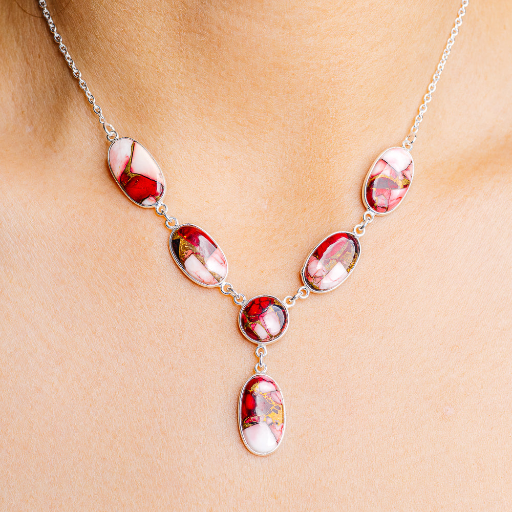 Red Dahlia Mohave Turquoise Necklace 16 to 18" (.925 Sterling Silver)