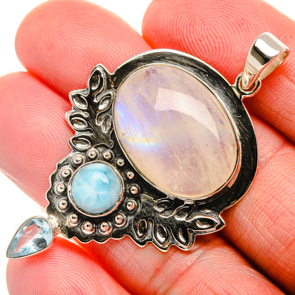 Signature Rainbow Moonstone, Larimar, Blue Topaz 925 Sterling Silver Pendant 2 1/8" (925 Sterling Silver) PD37800