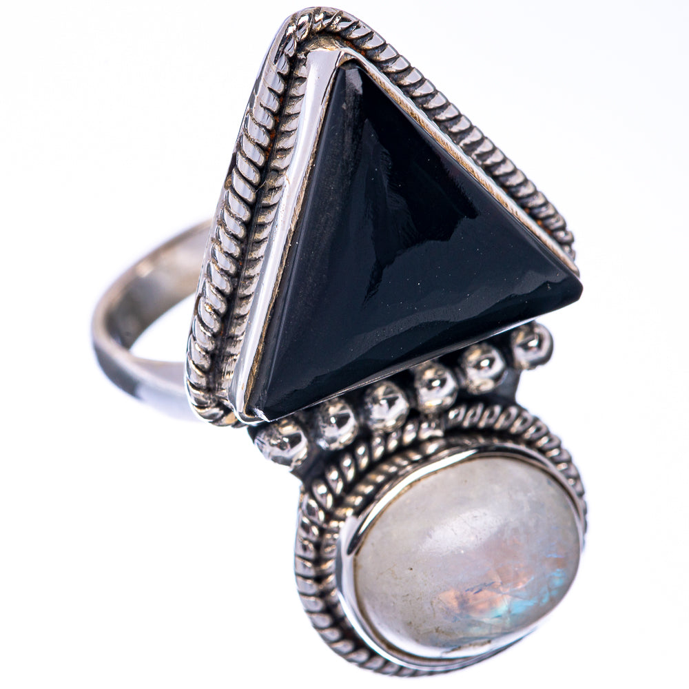 Black Onyx, Rainbow Moonstone Ring Size 6.5 (925 Sterling Silver) R145129