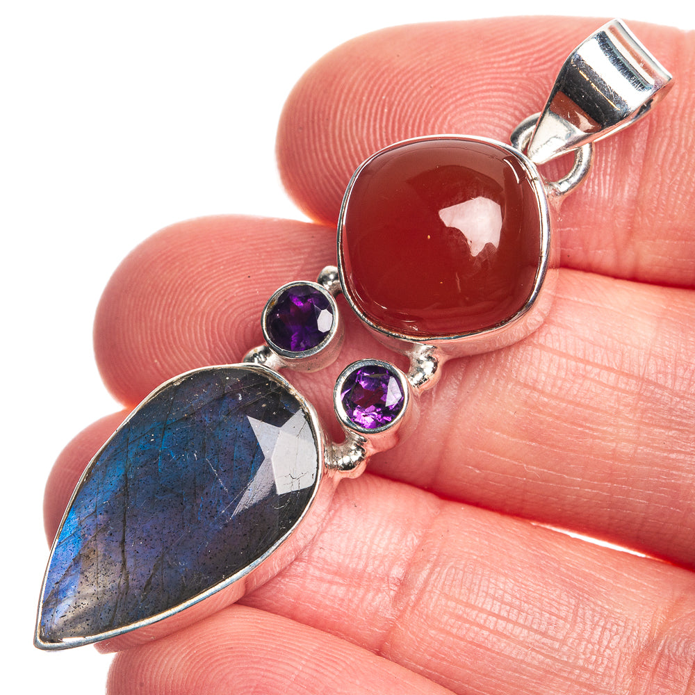 Labradorite, Carnelian, Amethyst 925 Sterling Silver Pendant 2 1/8"