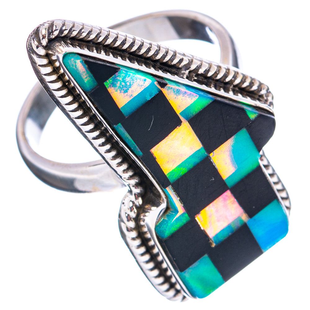 Premium Black Onyx & Aurora Opal Lightning Bolt Ring Size 8 (.925 Sterling Silver)