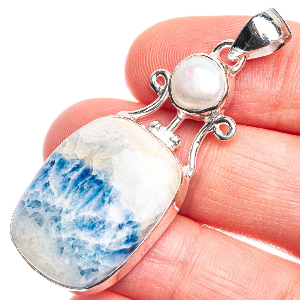Blue Scheelite, Cultured Pearl Pendant 1 7/8" (925 Sterling Silver) P39325