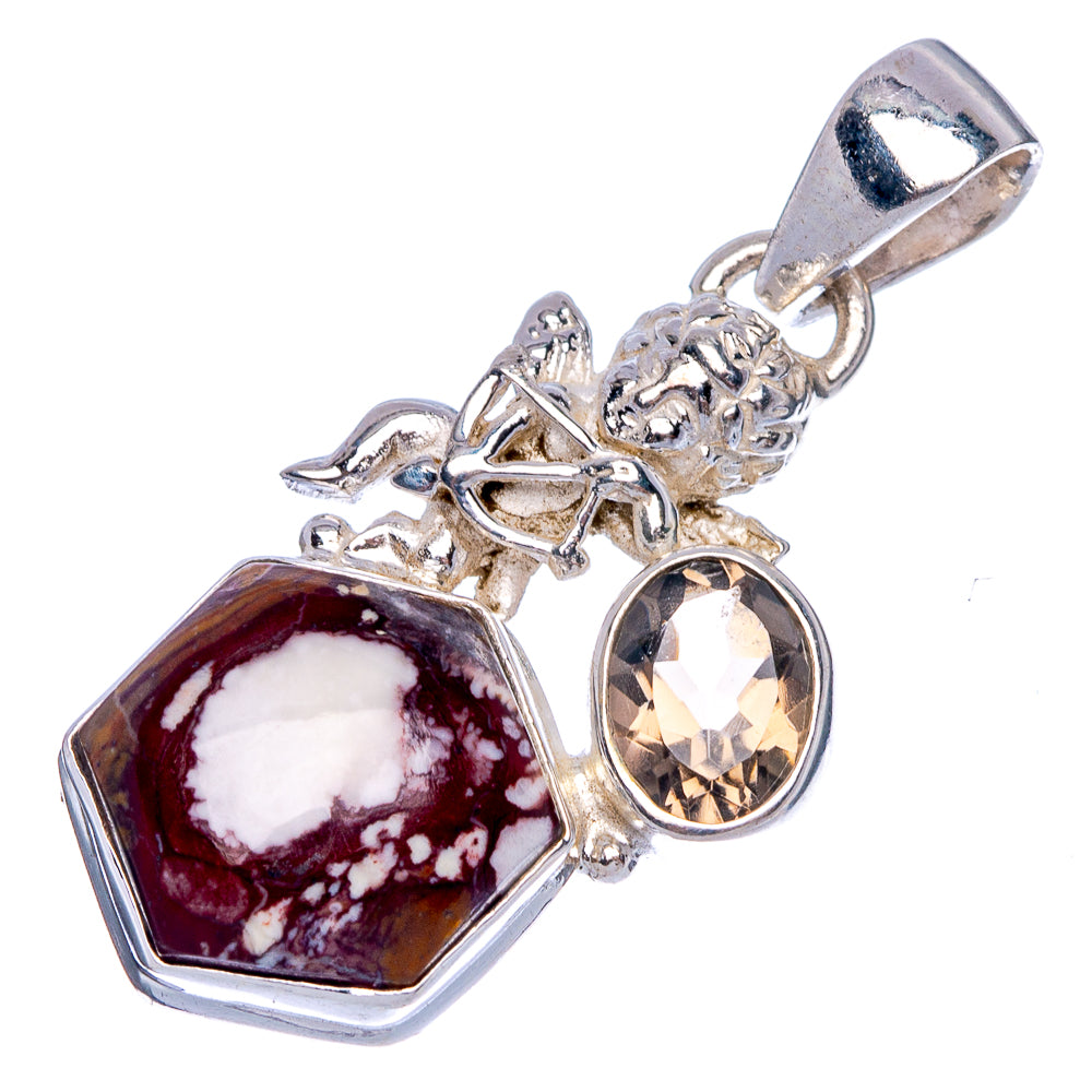 White Horse Jasper, Smoky Quartz Angel Pendant 1 3/8" (925 Sterling Silver) P40257