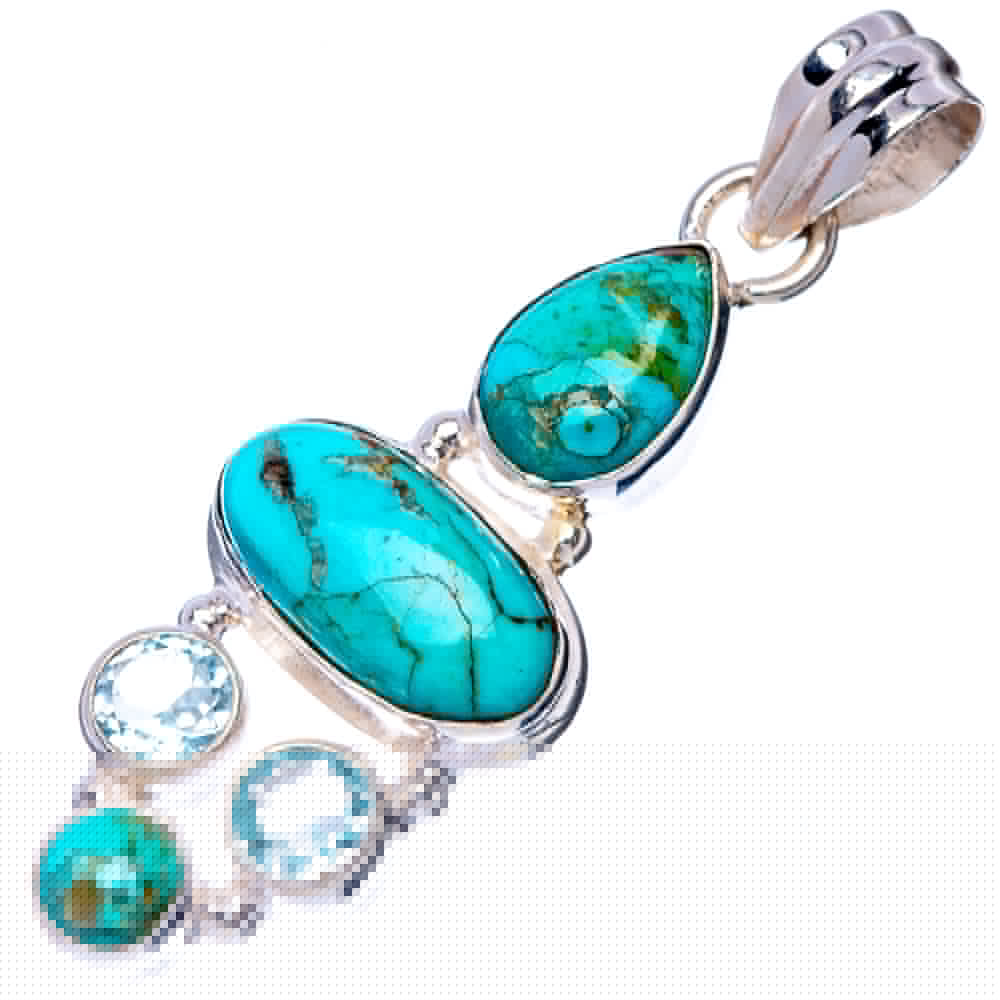 Rare Kingman Turquoise, Blue Topaz Pendant 1 3/4" (925 Sterling Silver) P41130