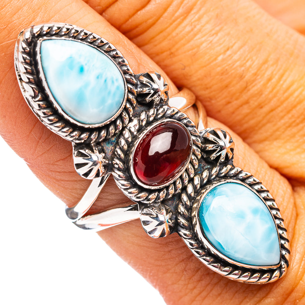 Premium Larimar, Garnet Ring Size 8 (.925 Sterling Silver)