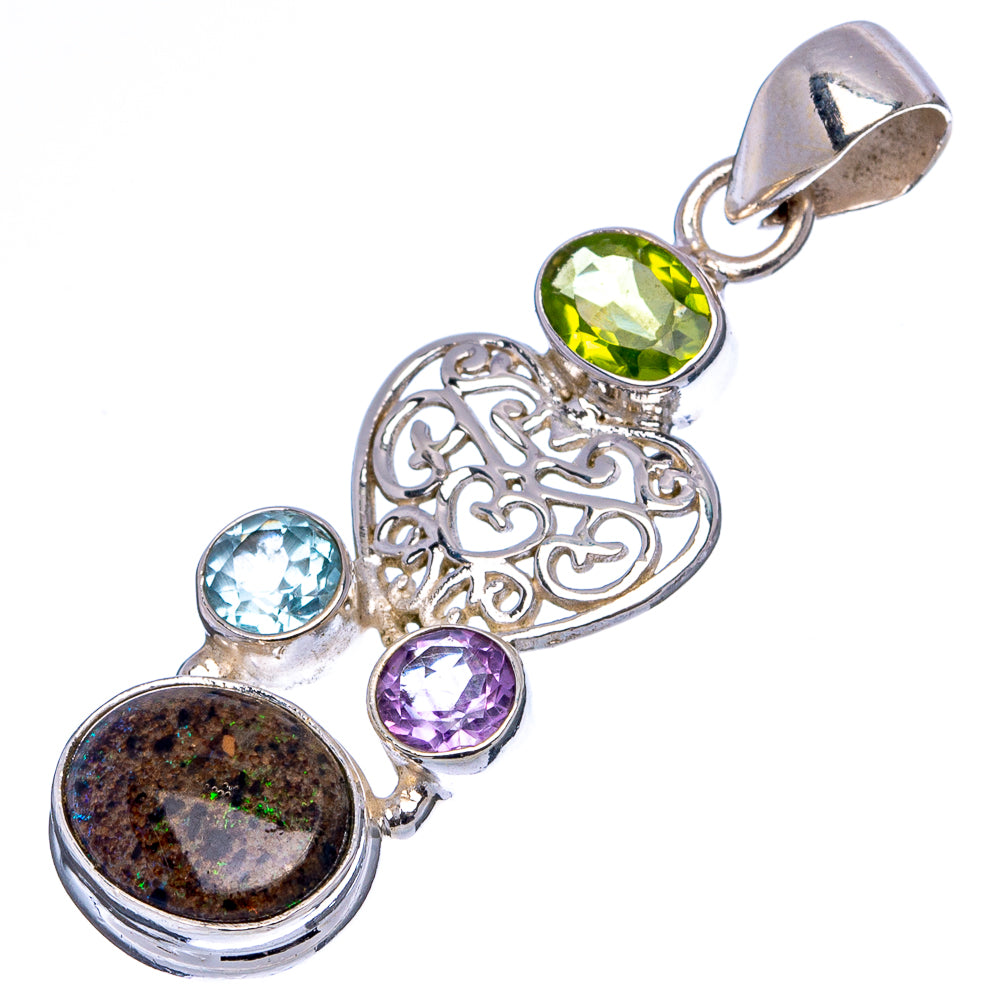Rare Andamooka Opal Heart, Peridot, Blue Topaz, Amethyst Pendant 1 3/4" (.925 Sterling Silver)