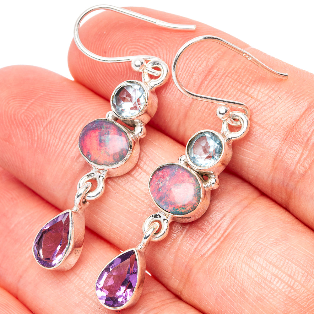 Rare Ethiopian Opal, Amethyst, Blue Topaz Earrings 1 5/8" (925 Sterling Silver) E1541