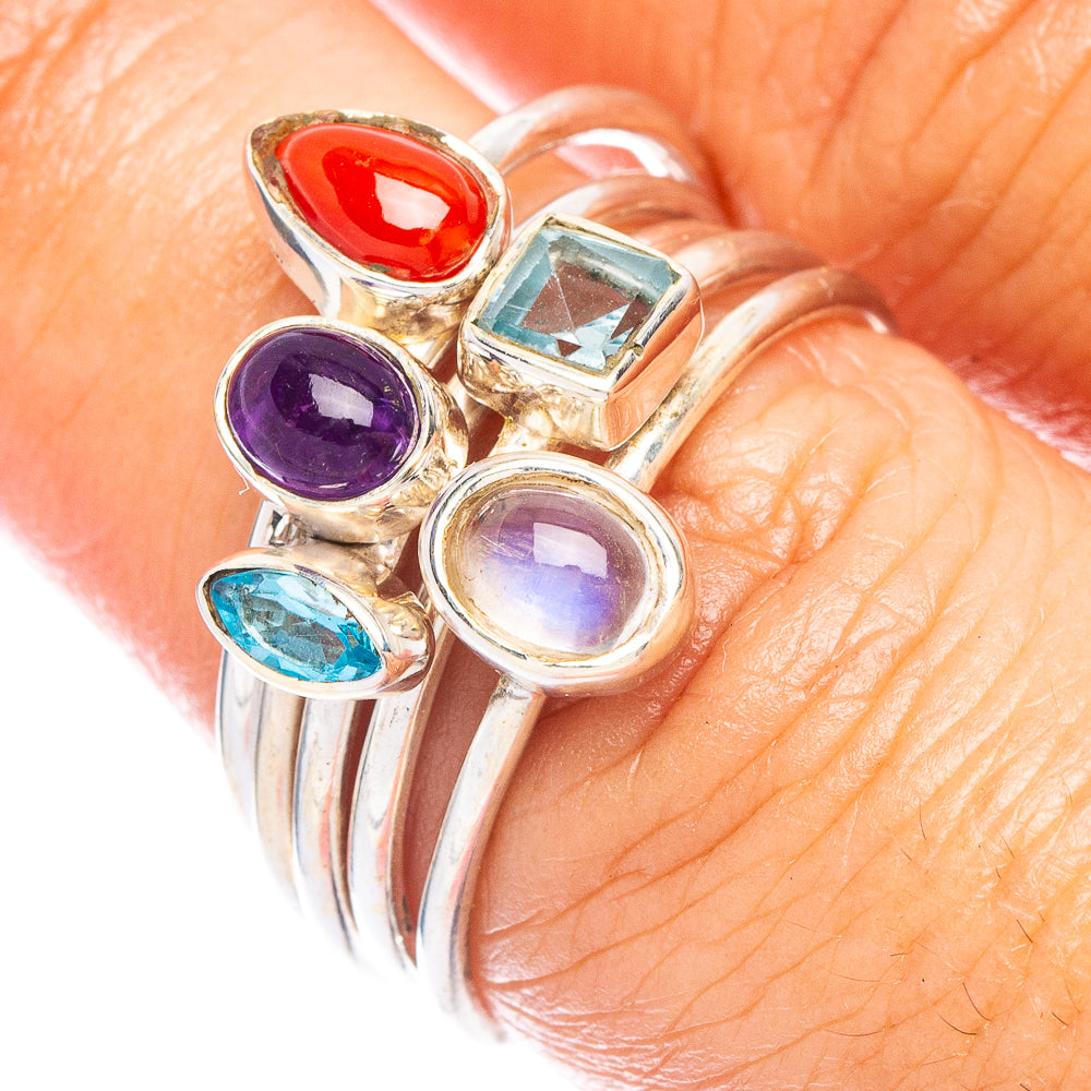 Rainbow Moonstone, Blue Topaz, Amethyst, Red Coral Ring Size 7.25 (925 Sterling Silver) R7357