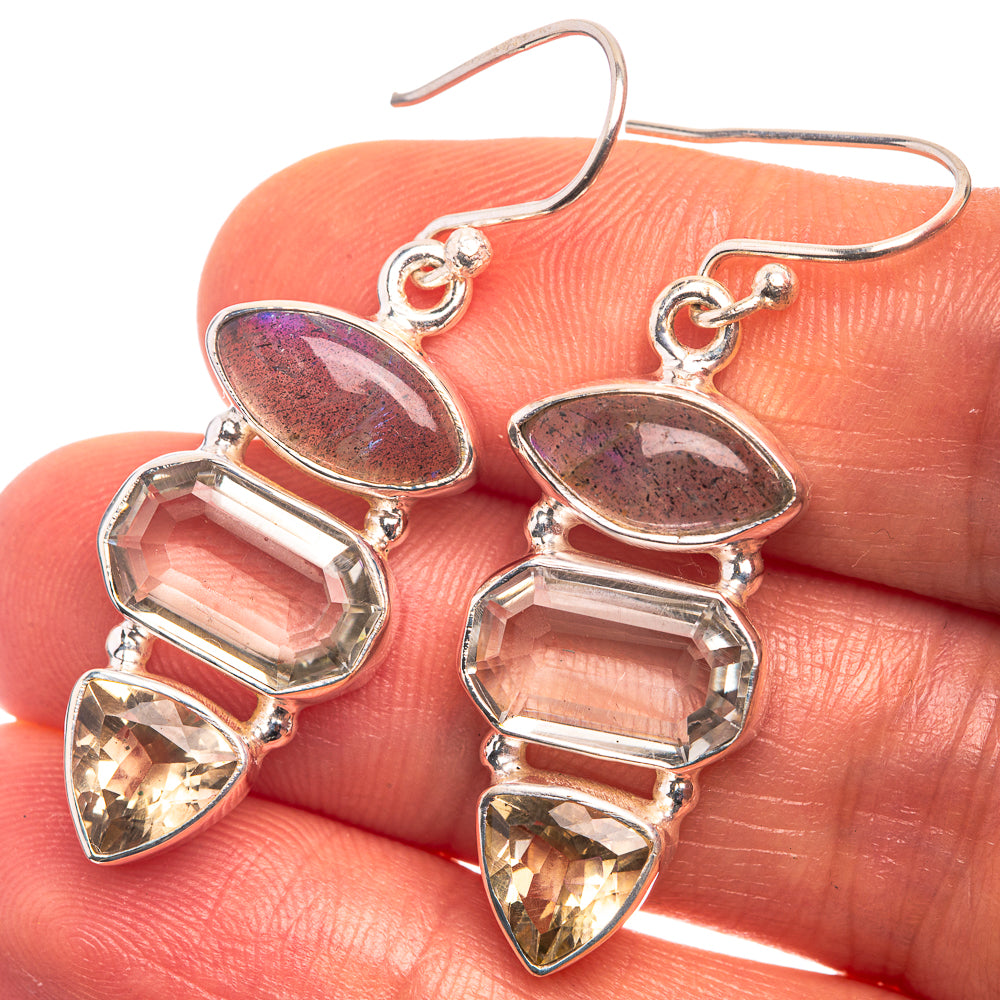 Labradorite, White Quartz, Citrine Earrings 1 5/8" (925 Sterling Silver) E432412